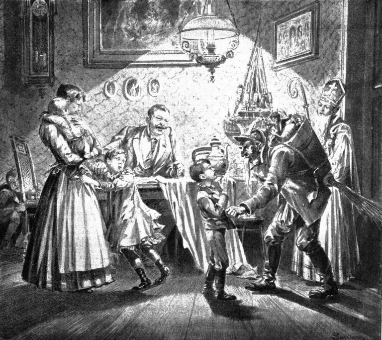 Un immagine d’epoca con Krampus e Nicolò intenti a far visita a delle dolci famiglie tradizionali